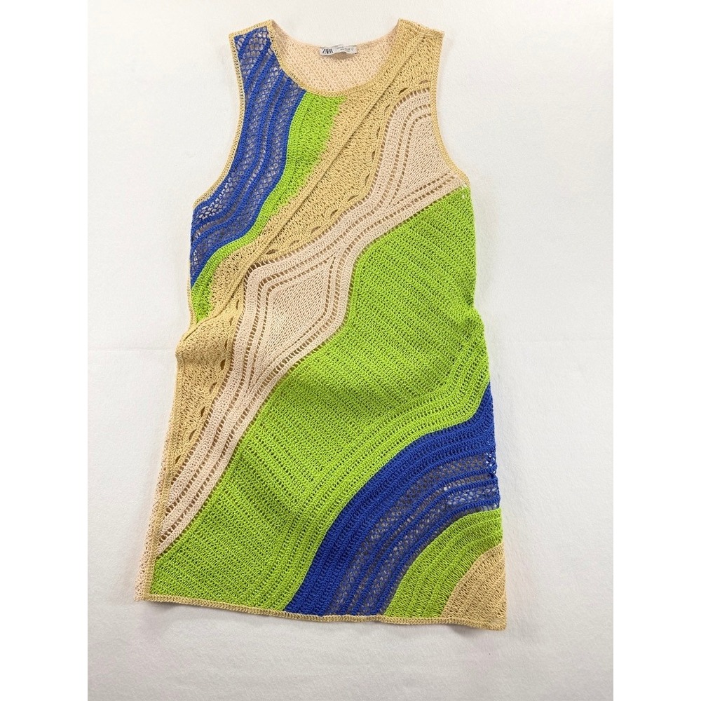 Zara‎ Crochet Knit Mini Dress Colorblock Lime Blue Beige Size Small